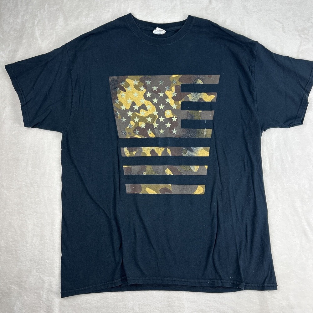 Camo Camouflage American Flag Black Patriotic T Shirt XL GILDAN Heavy Cotton